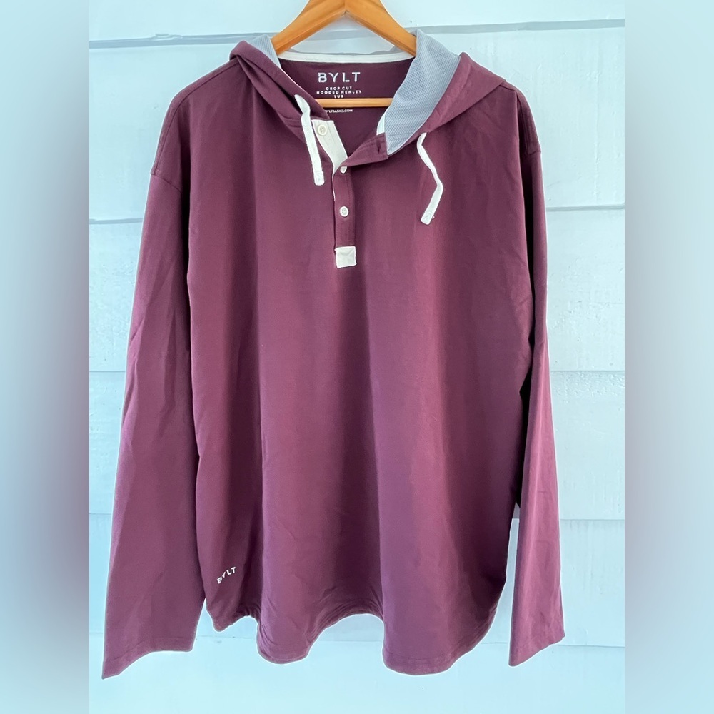 Bylt Drop Cut Henley Hooded Lux Men's Maroon Long Sleeve Sweatshirt Size XXL